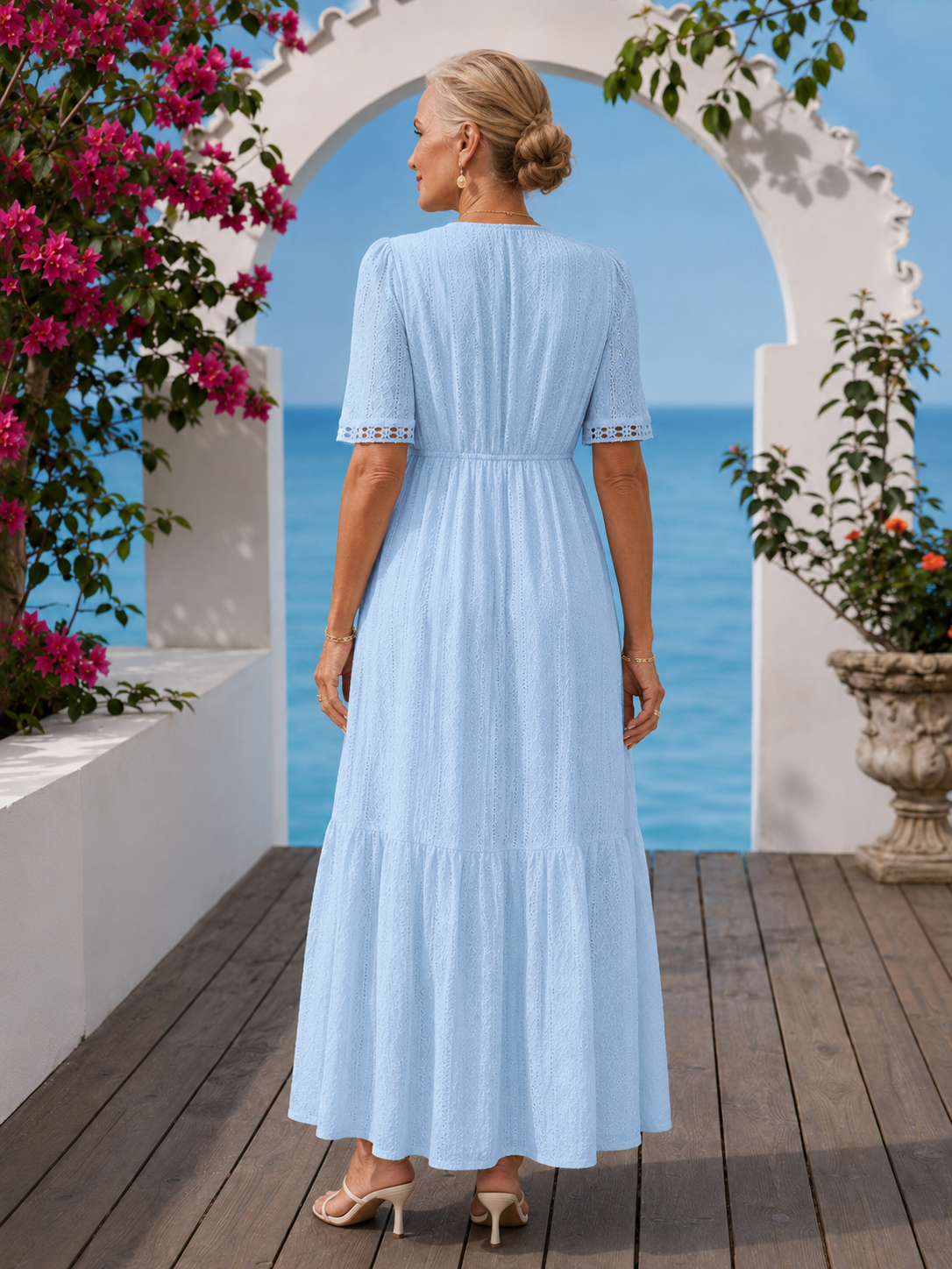 V-Neck Crochet Trim Eyelet Flutter Sleeve Tiered Maxi Dress 7