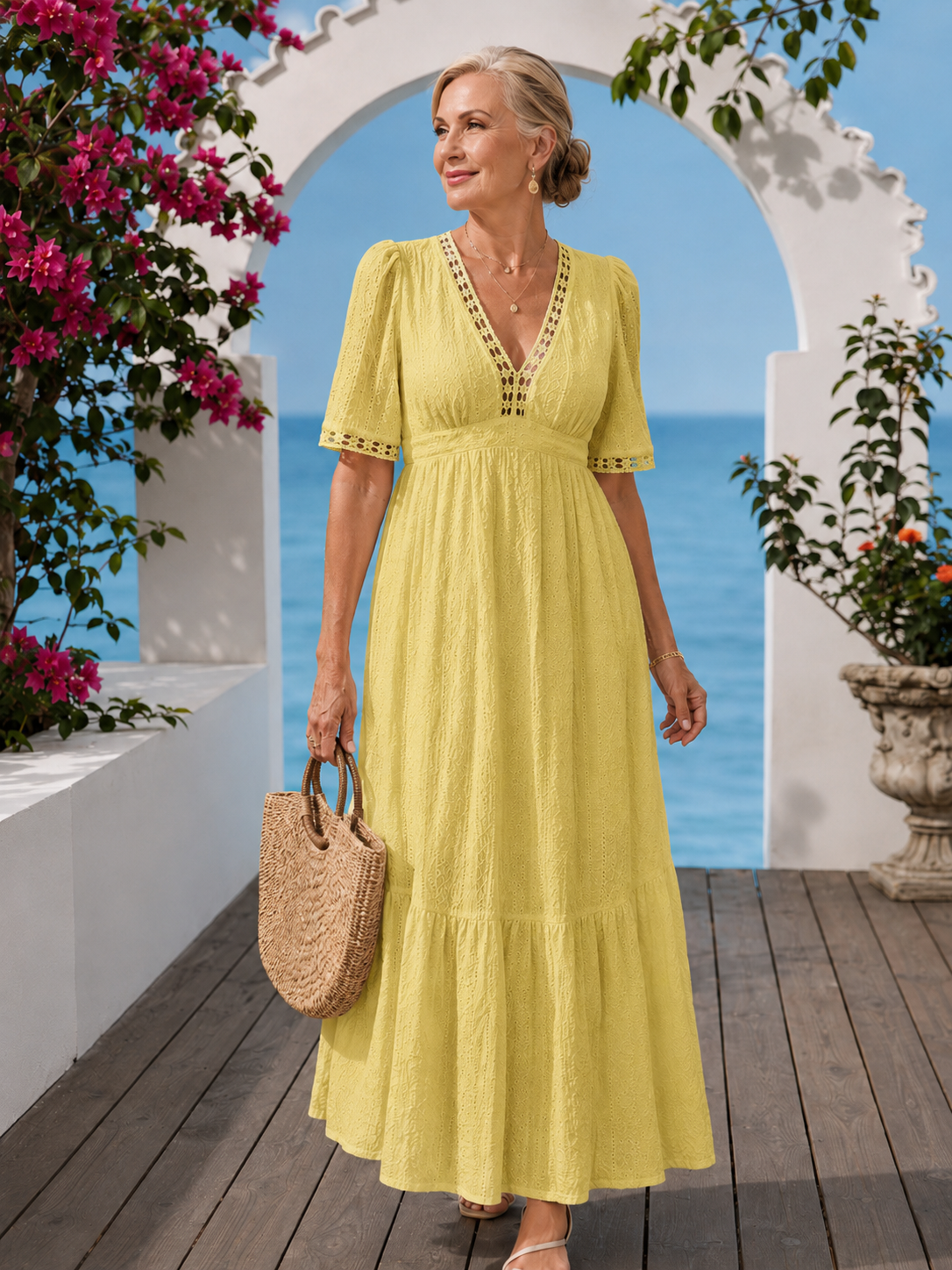 V-Neck Crochet Trim Eyelet Short Sleeve Tiered Maxi Dress 3
