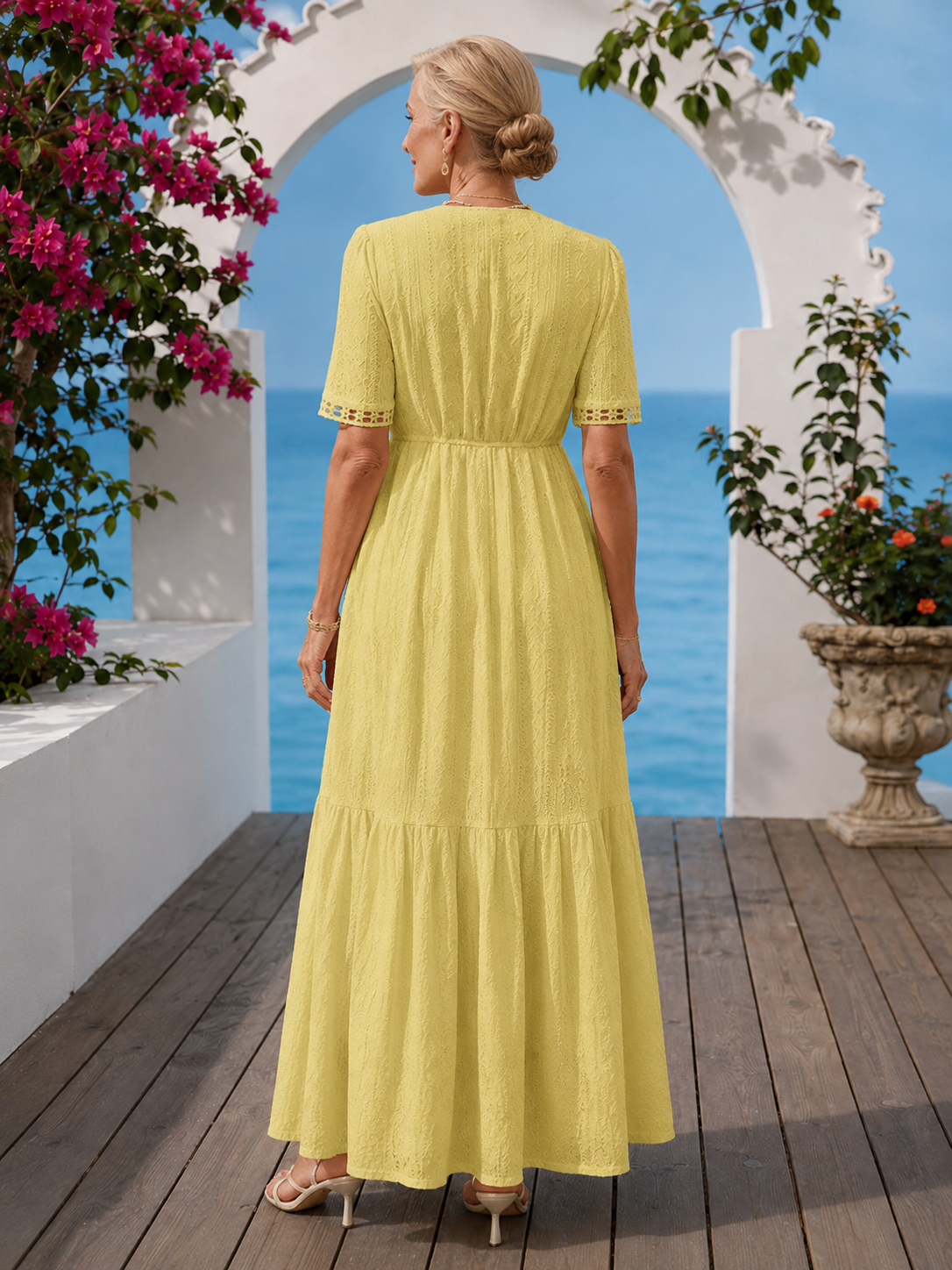 V-Neck Crochet Trim Eyelet Short Sleeve Tiered Maxi Dress 8