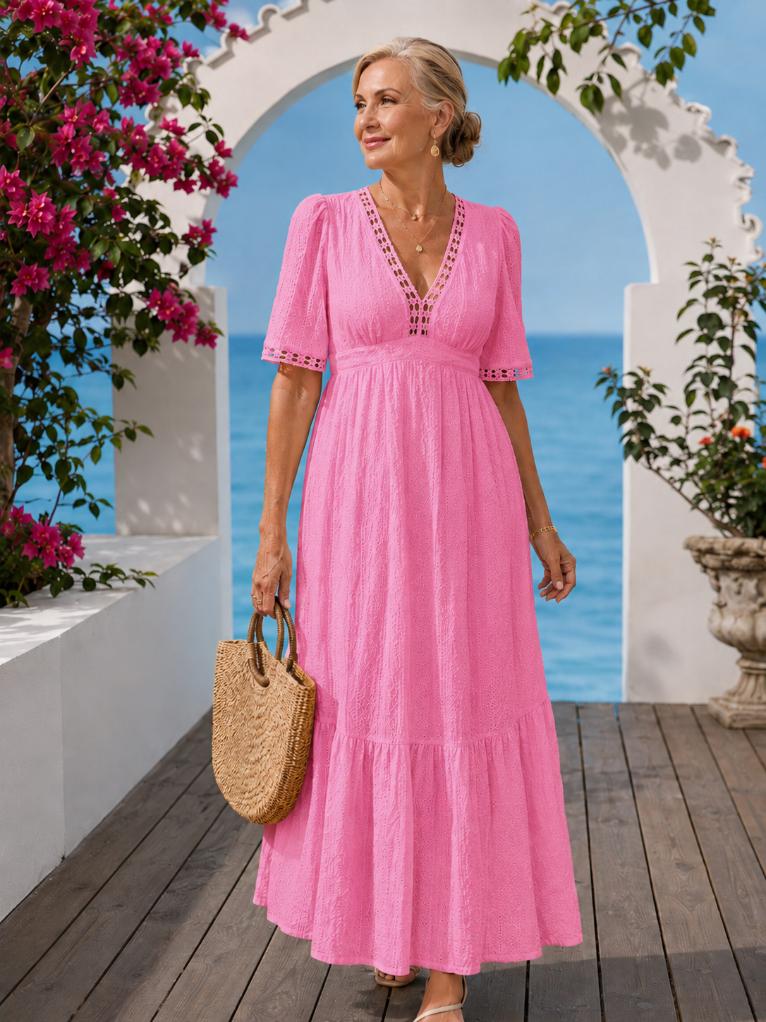 V-Neck Crochet Trim Eyelet Flutter Sleeve Tiered Maxi Dress 10