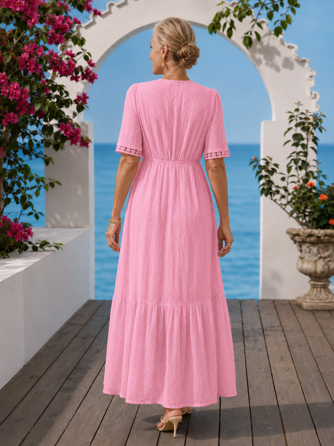 V-Neck Crochet Trim Eyelet Short Sleeve Tiered Maxi Dress 11