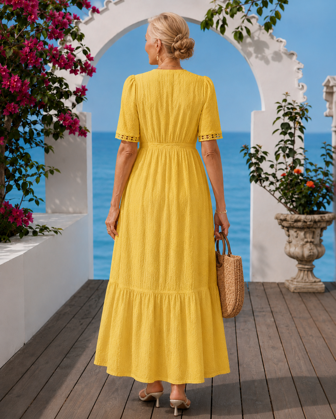 V-Neck Crochet Trim Eyelet Flutter Sleeve Tiered Maxi Dress 9