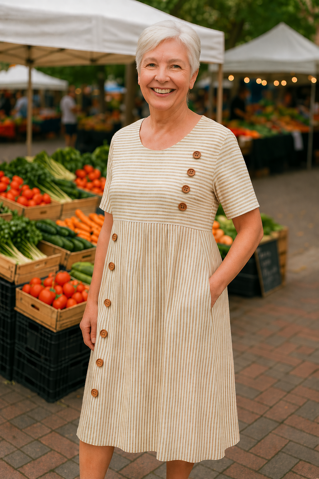 Round Neck Short Sleeve Striped Button Pocket A-Line Midi Dress