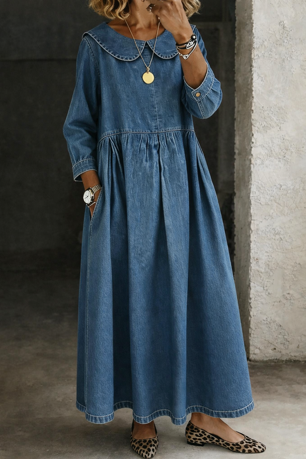 Peter Pan Collar Denim Long Sleeve Pleated A-Line Maxi Dress