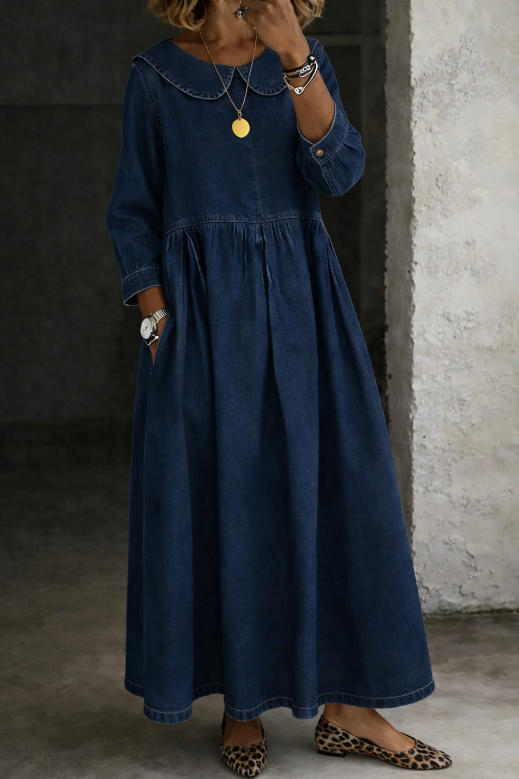 Peter Pan Collar Denim Long Sleeve Pleated A-Line Maxi Dress 2