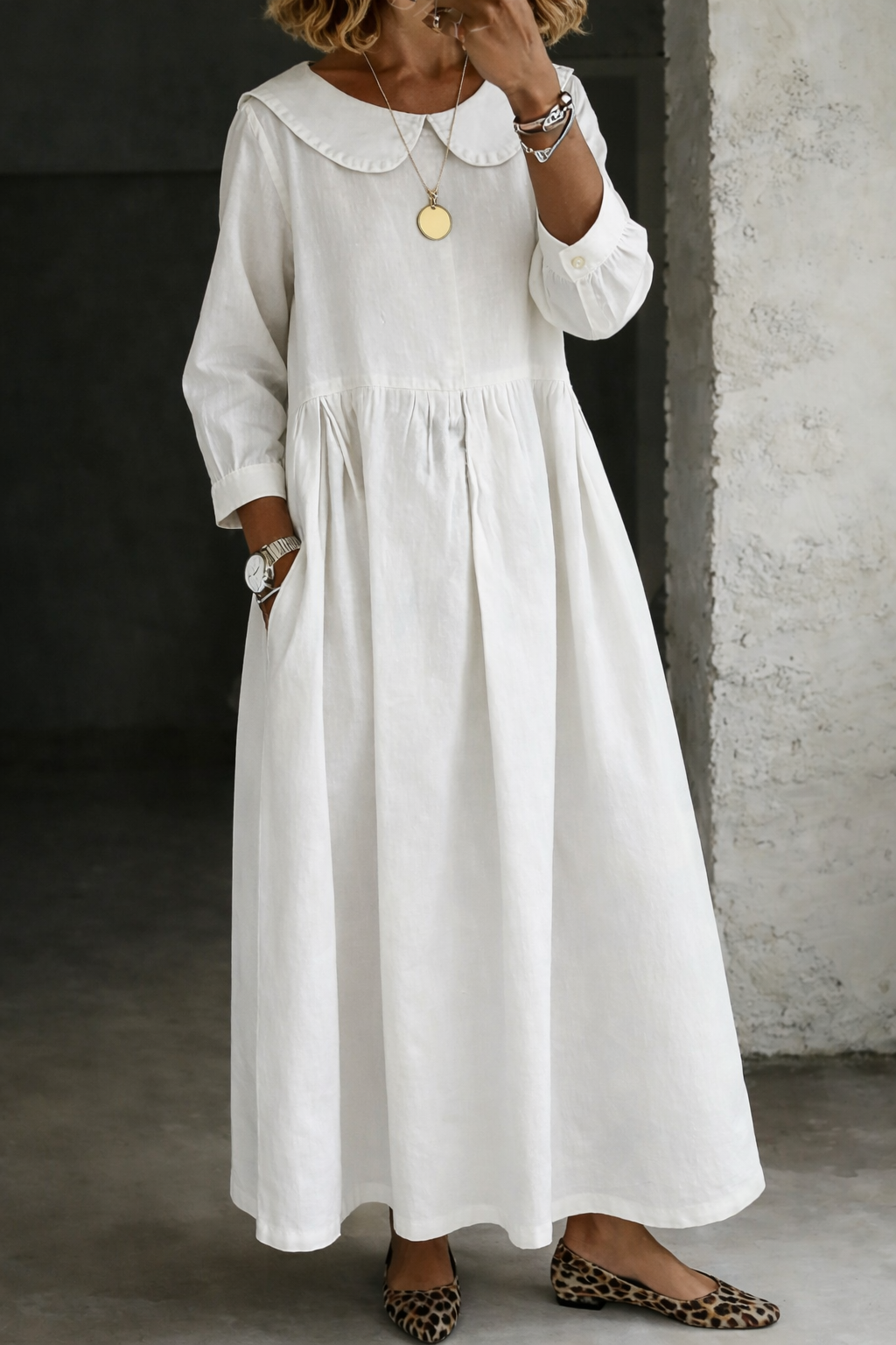 Peter Pan Collar Denim Long Sleeve Pleated A-Line Maxi Dress 11