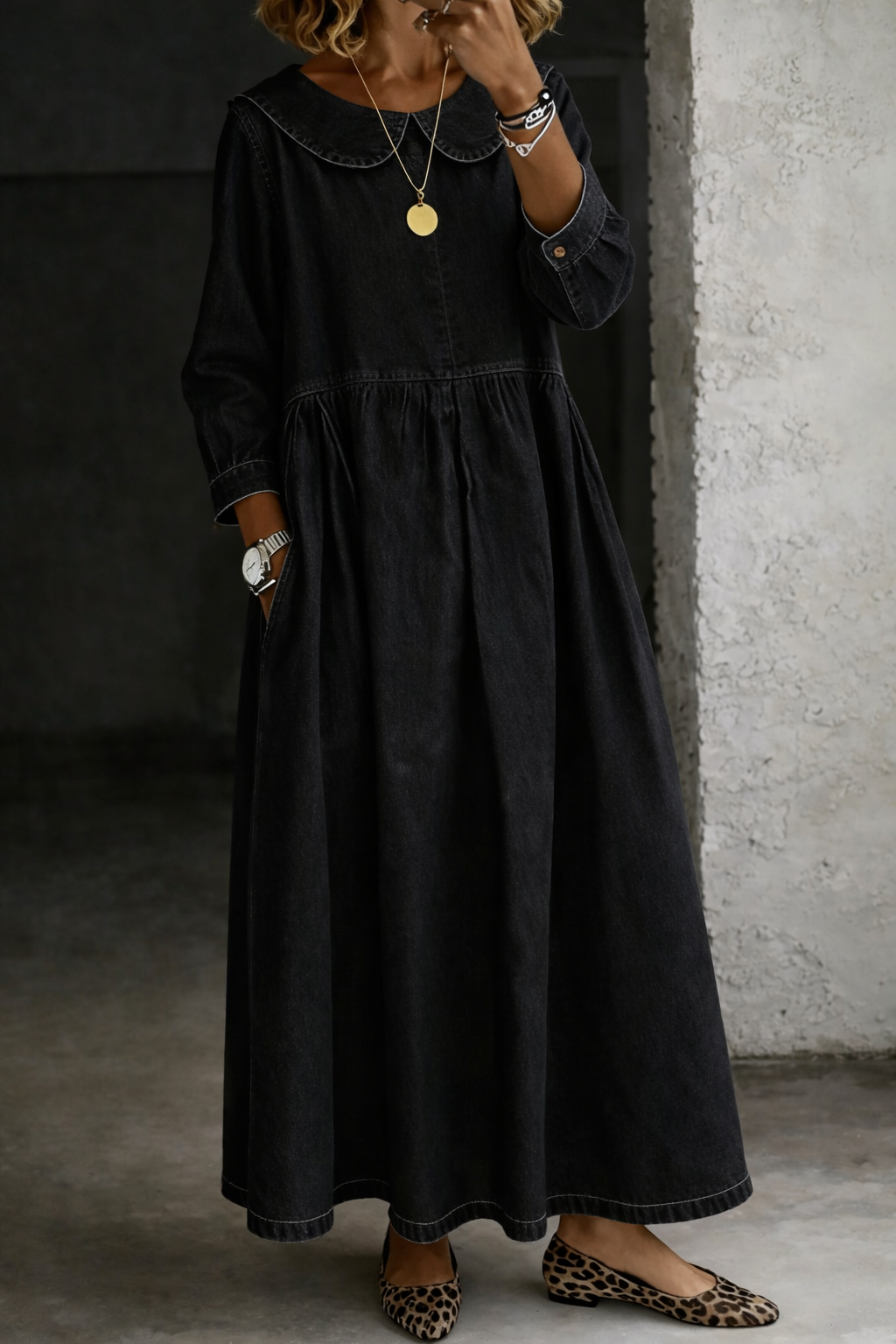 Peter Pan Collar Long Sleeve Pleated Denim A-Line Maxi Dress 6