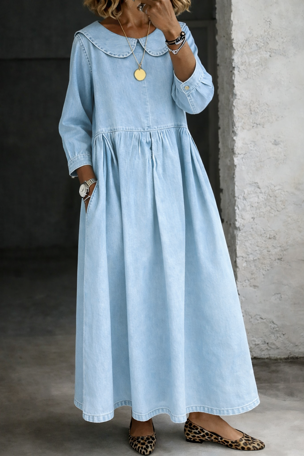 Peter Pan Collar Denim Long Sleeve Pleated A-Line Maxi Dress 5