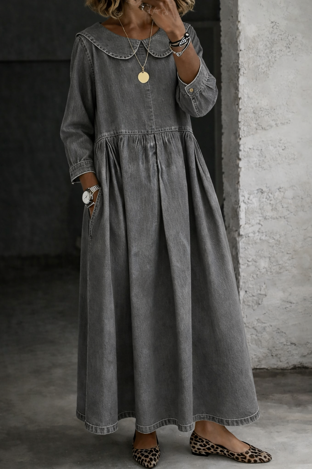 Peter Pan Collar Long Sleeve Pleated Denim A-Line Maxi Dress 8