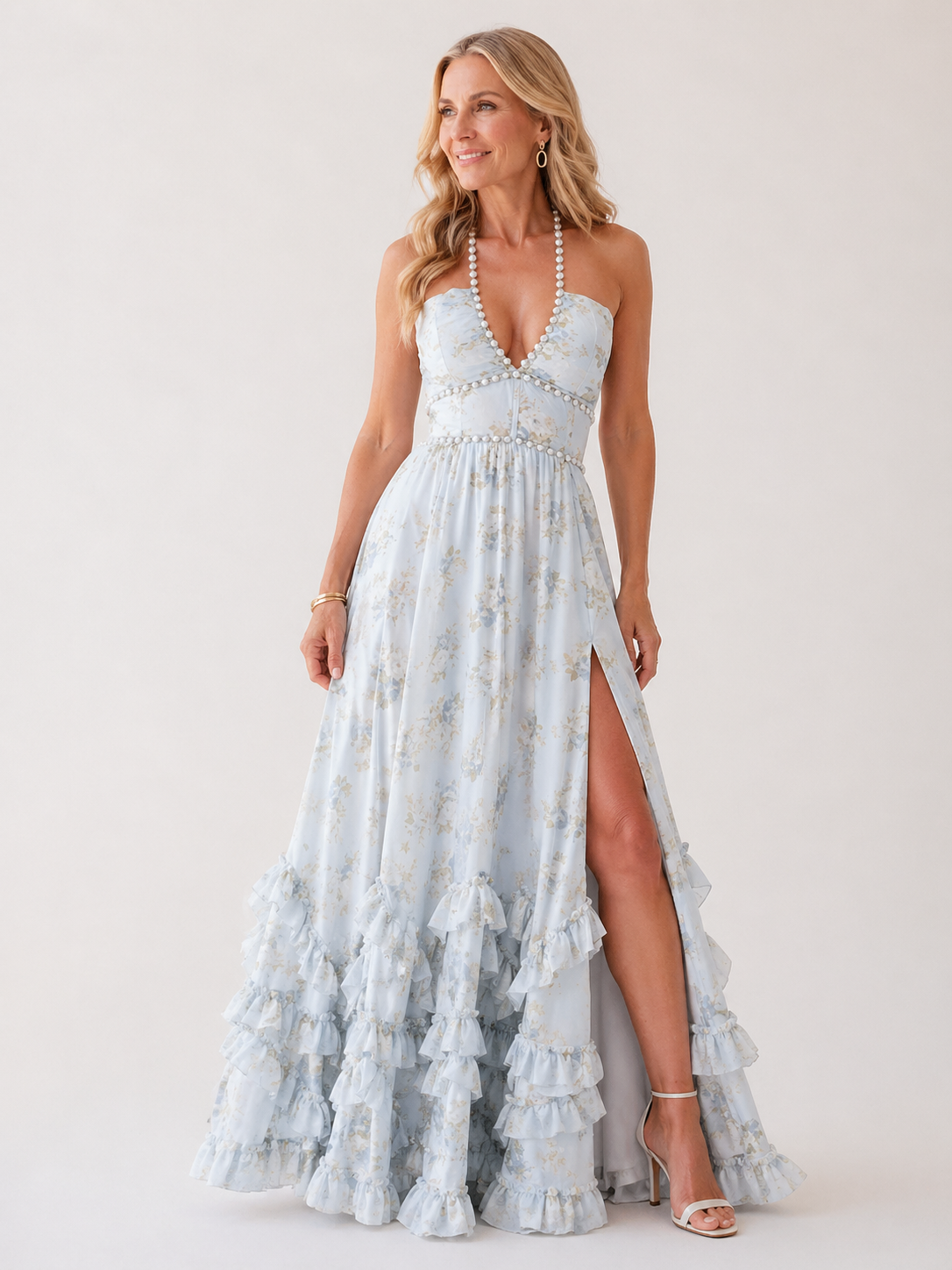 Pearl Halter Floral Print Sweetheart Ruffle Tiered Chiffon Maxi Gown 5