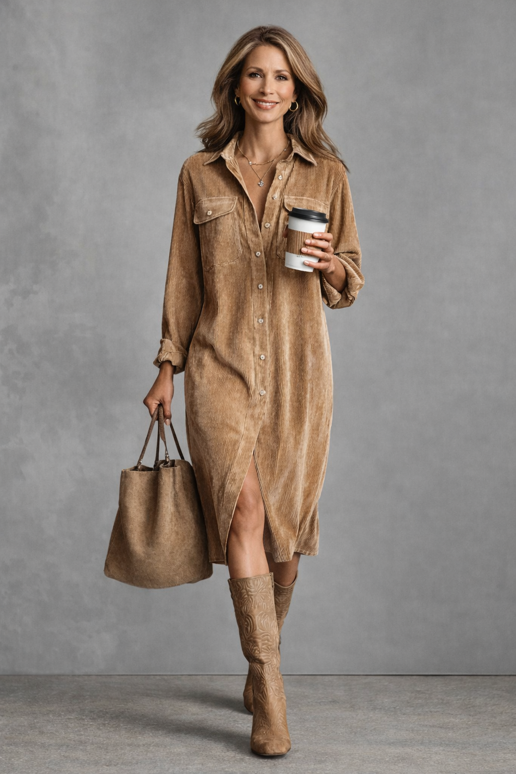 Collared Corduroy Long Sleeve Button Front Pocket Shirt Midi Dress