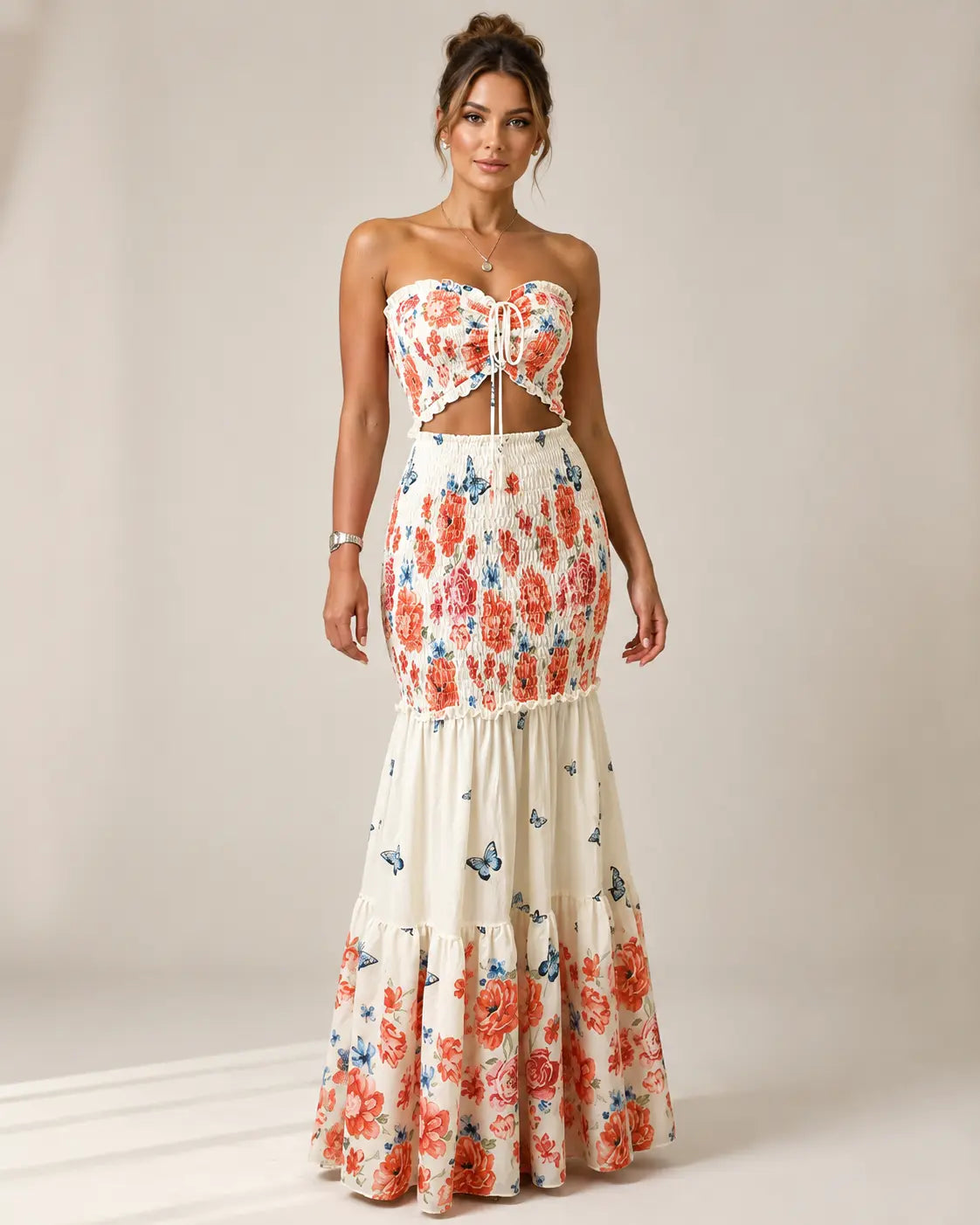 Strapless Sweetheart Smocked Floral Butterfly Cutout Tiered Mermaid Maxi Dress