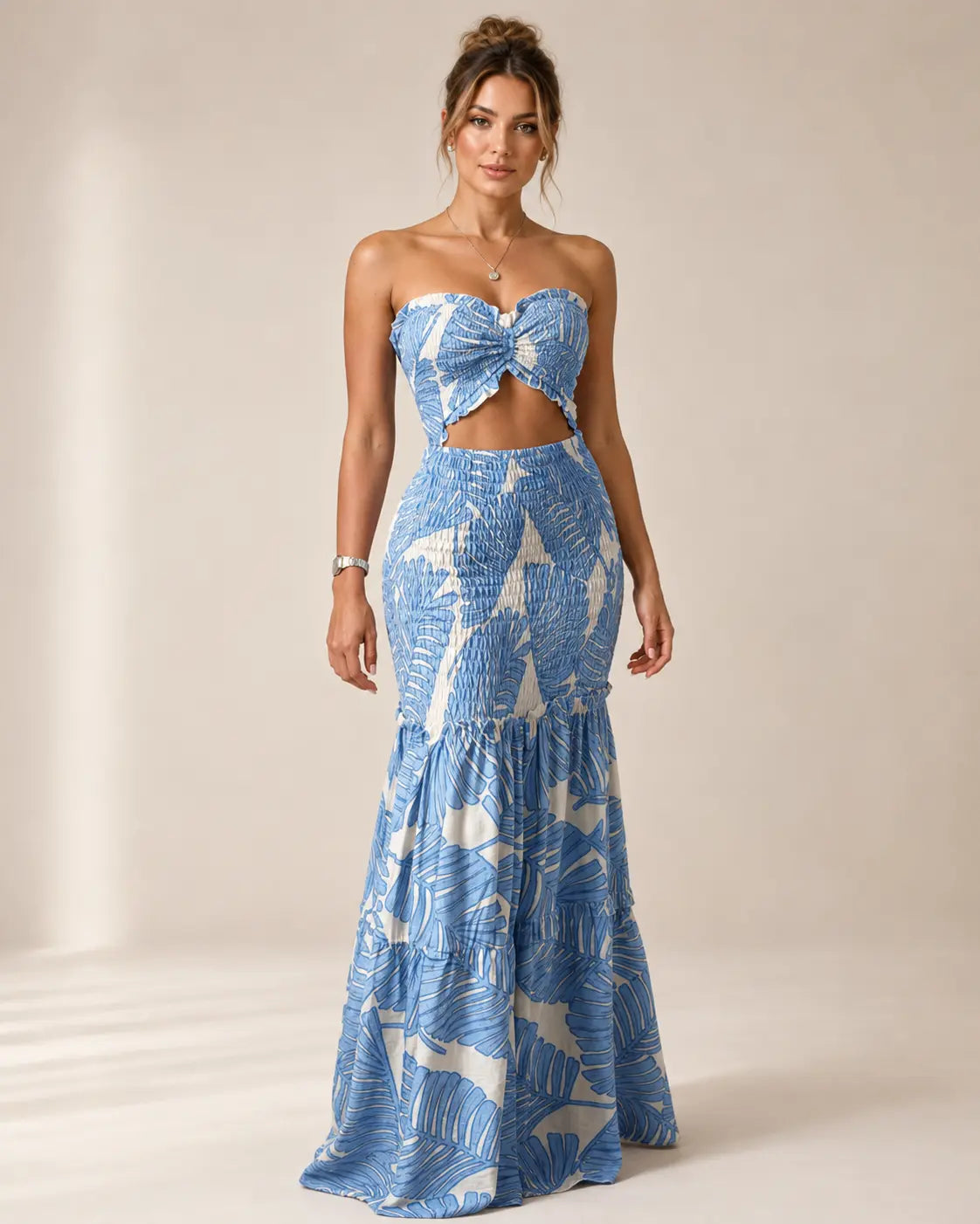 Strapless Sweetheart Smocked Floral Butterfly Cutout Tiered Mermaid Maxi Dress 3