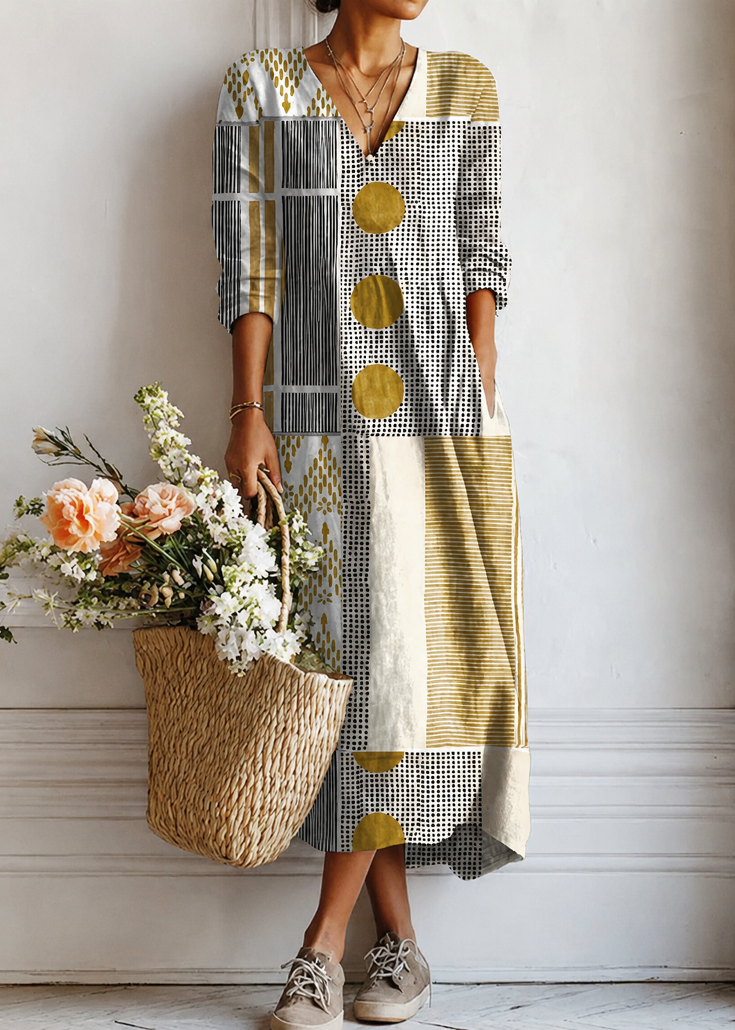 Multicolor V-Neck Geometric Patchwork Long Sleeve Pocket Maxi Dress