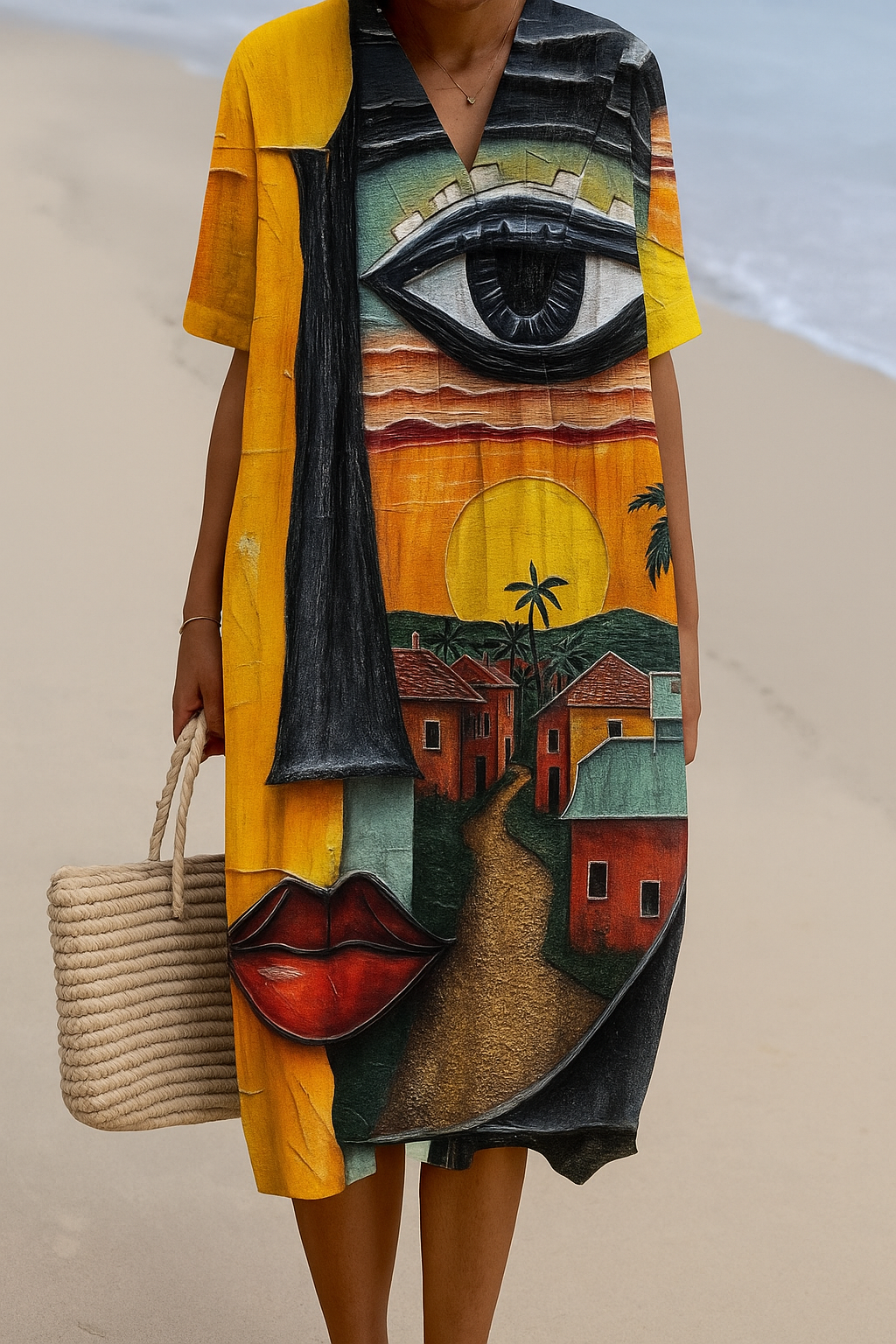 V-Neck Short Sleeve Abstract Face Art Print Shift Midi Dress