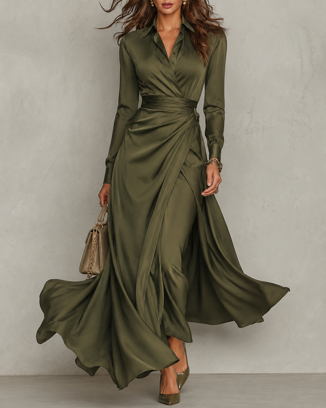 Collared Satin Wrap Twist Waist High Slit Maxi Dress