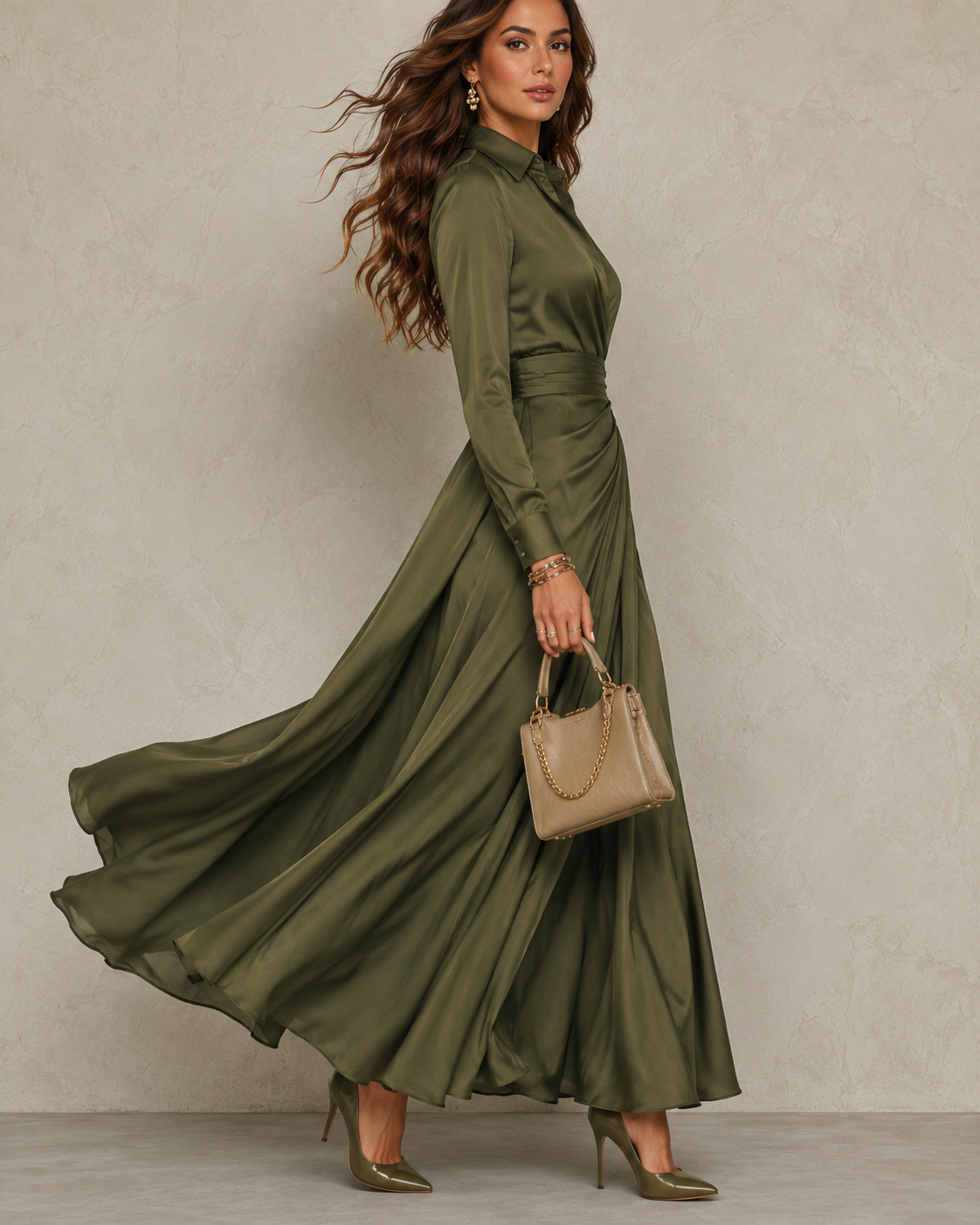Collared Satin Wrap Twist Waist High Slit Maxi Dress 3