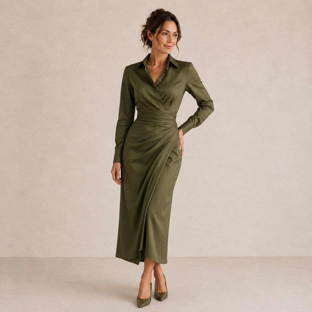 Collared Satin Wrap Twist Waist High Slit Maxi Dress 2