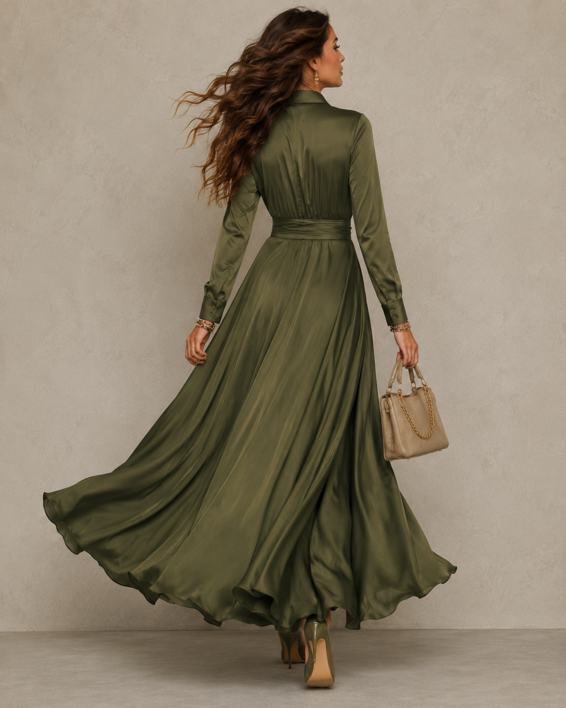 Collared Satin Wrap Twist Waist High Slit Maxi Dress 4