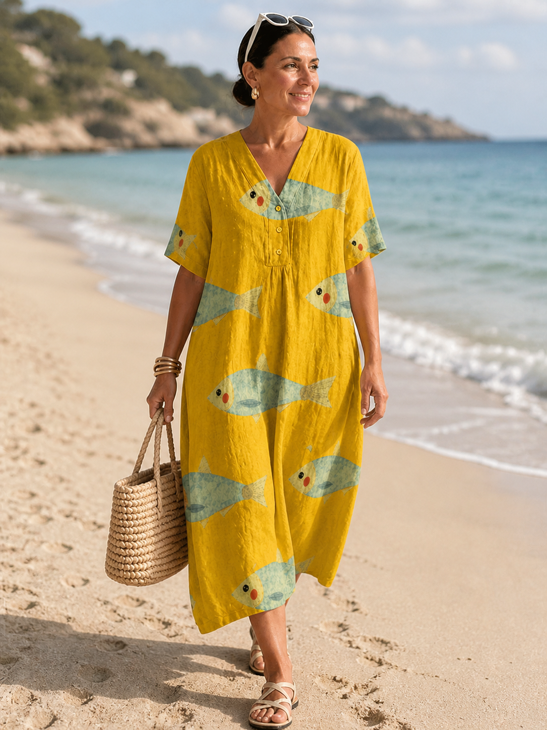 V-Neck Button Placket Fish Print Short Sleeve Linen Cocoon Midi Dress 4