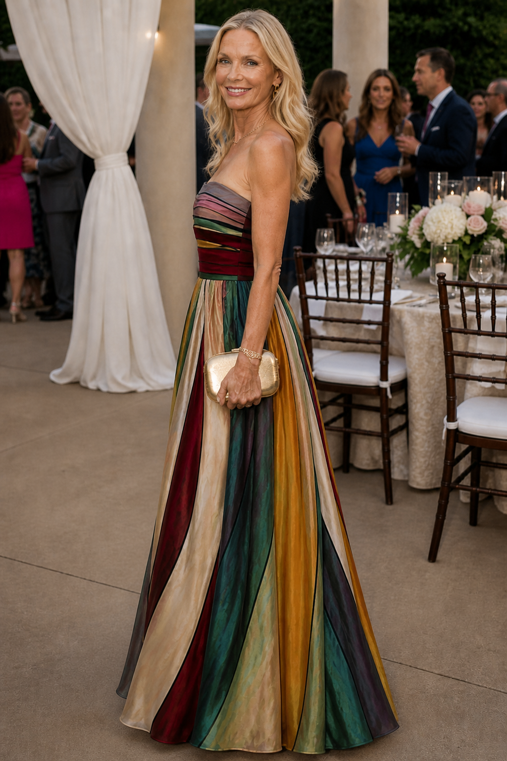 Strapless Striped Pleated A-Line Flared Maxi Gown 4