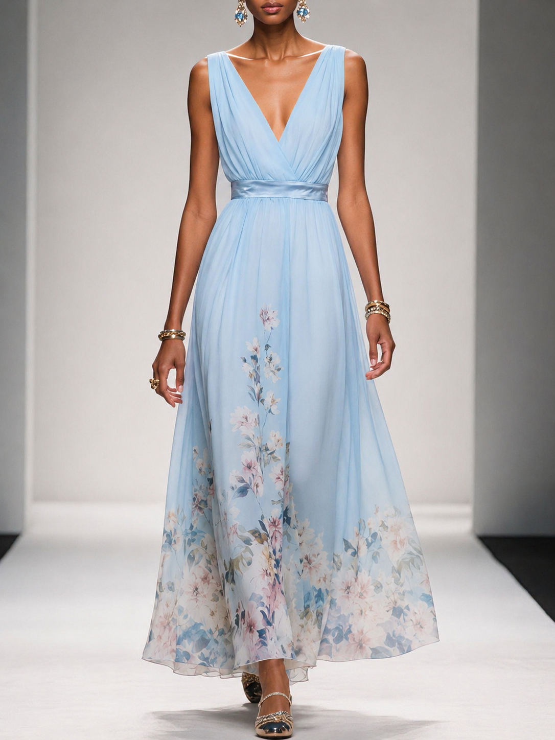 Surplice V-Neck Sleeveless Floral Border Chiffon A-Line Maxi Dress