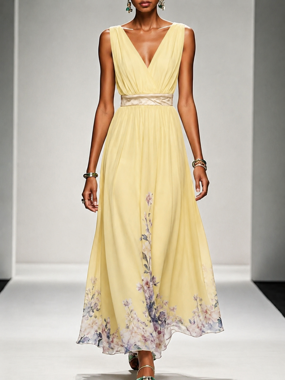Surplice V-Neck Sleeveless Floral Border Chiffon A-Line Maxi Dress