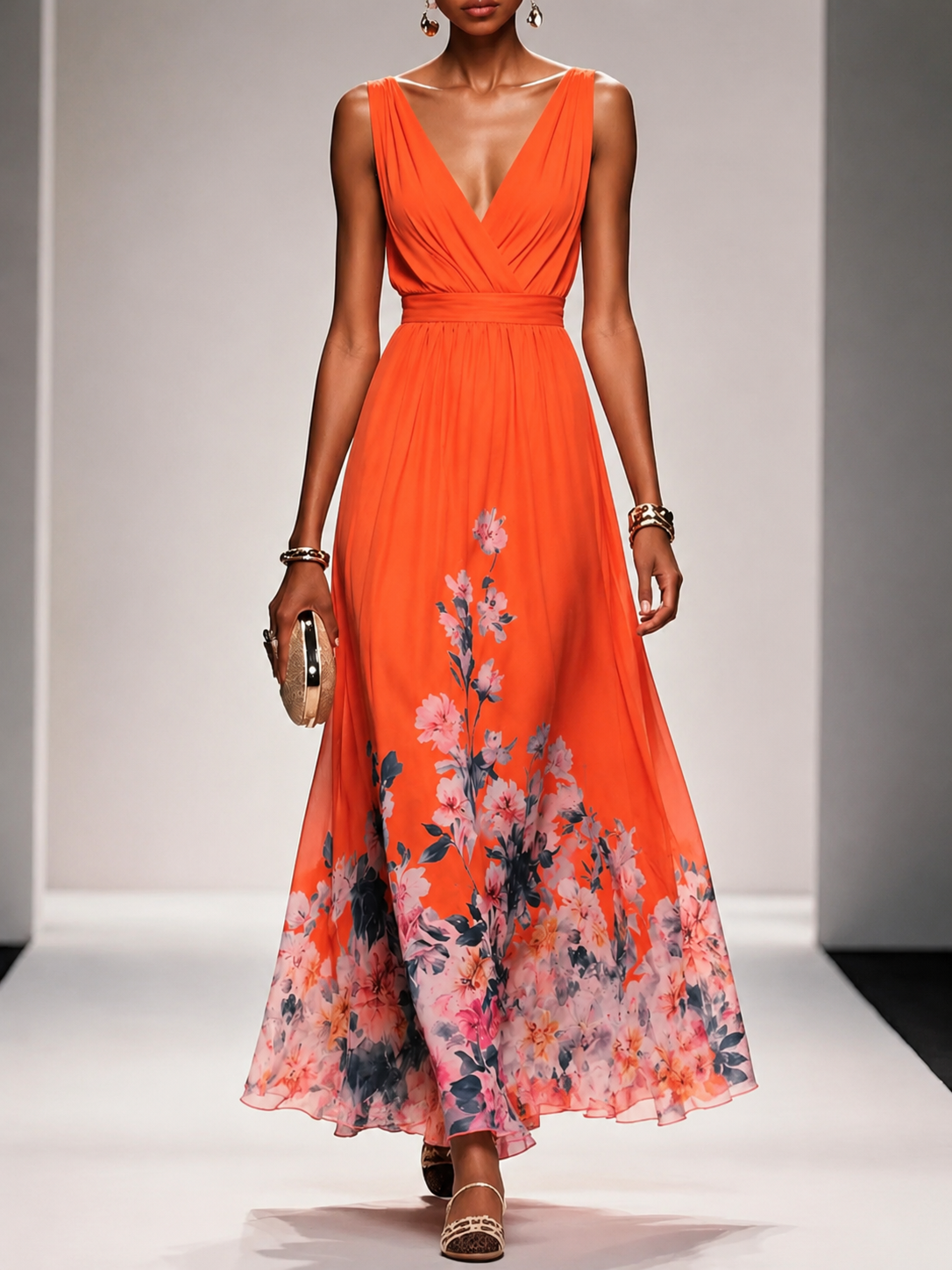 V-Neck Sleeveless Floral Hem Chiffon A-Line Maxi Dress