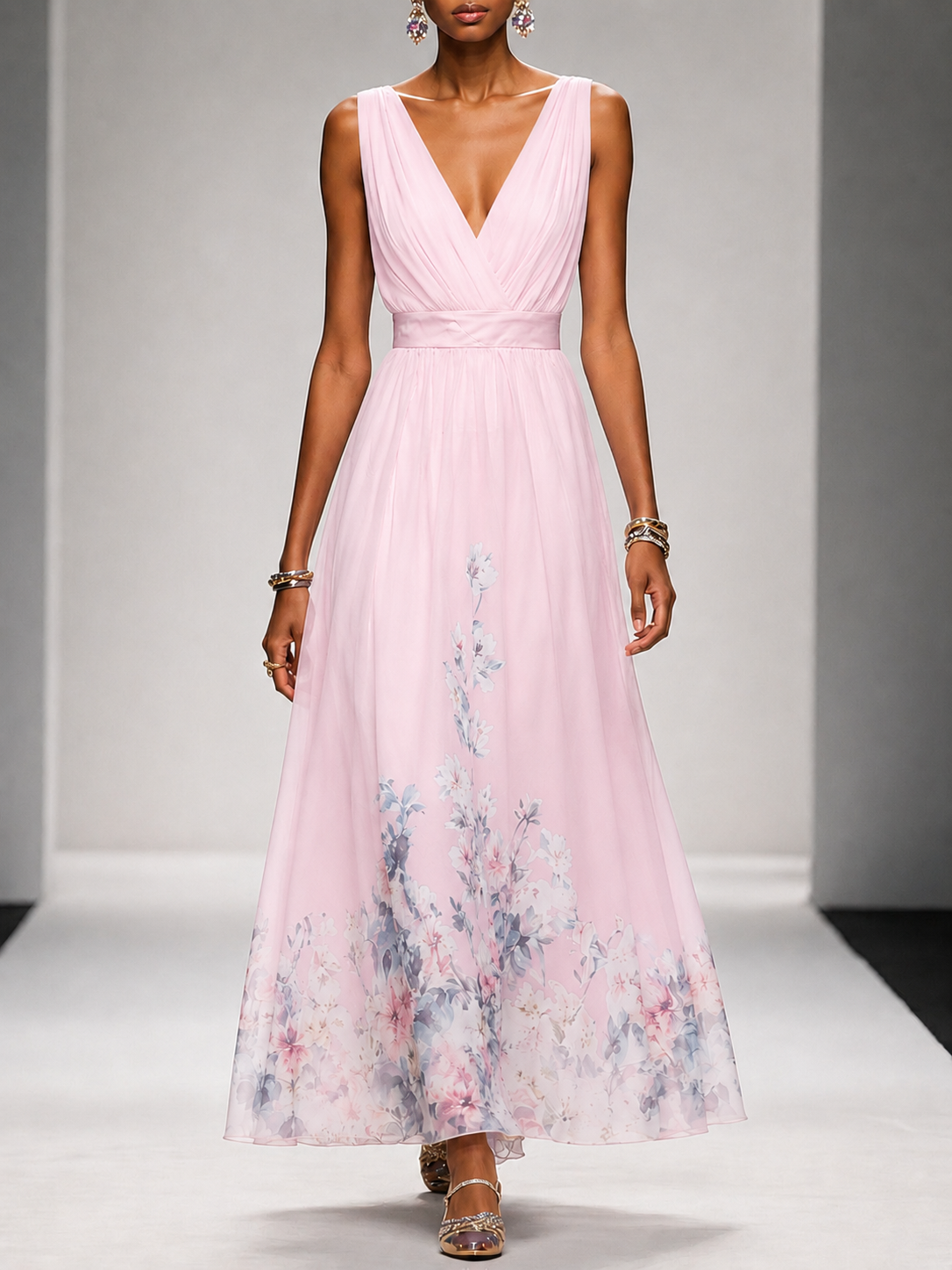 Surplice V-Neck Sleeveless Floral Border Chiffon A-Line Maxi Dress