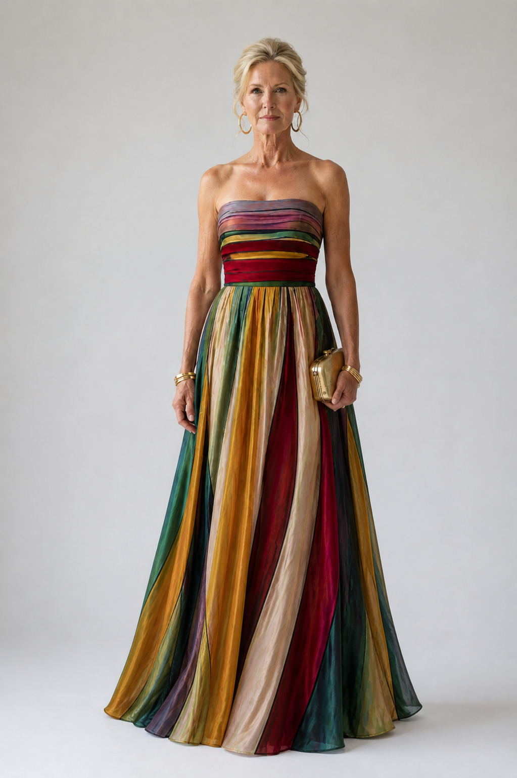 Strapless Striped Pleated A-Line Flared Maxi Gown 3