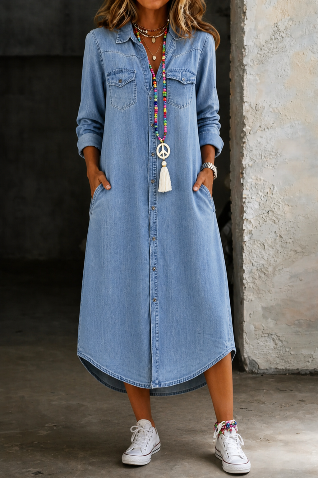 Collared Button-Front Chest Pocket Denim Shirt Maxi Dress 3