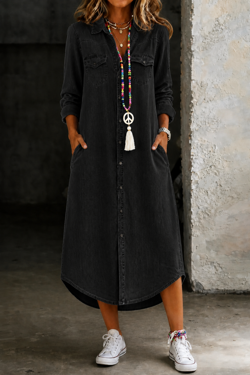 Collared Button-Front Chest Pocket Denim Shirt Maxi Dress 2