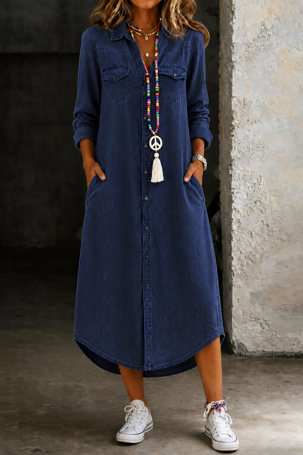 Collared Button-Front Chest Pocket Denim Shirt Maxi Dress