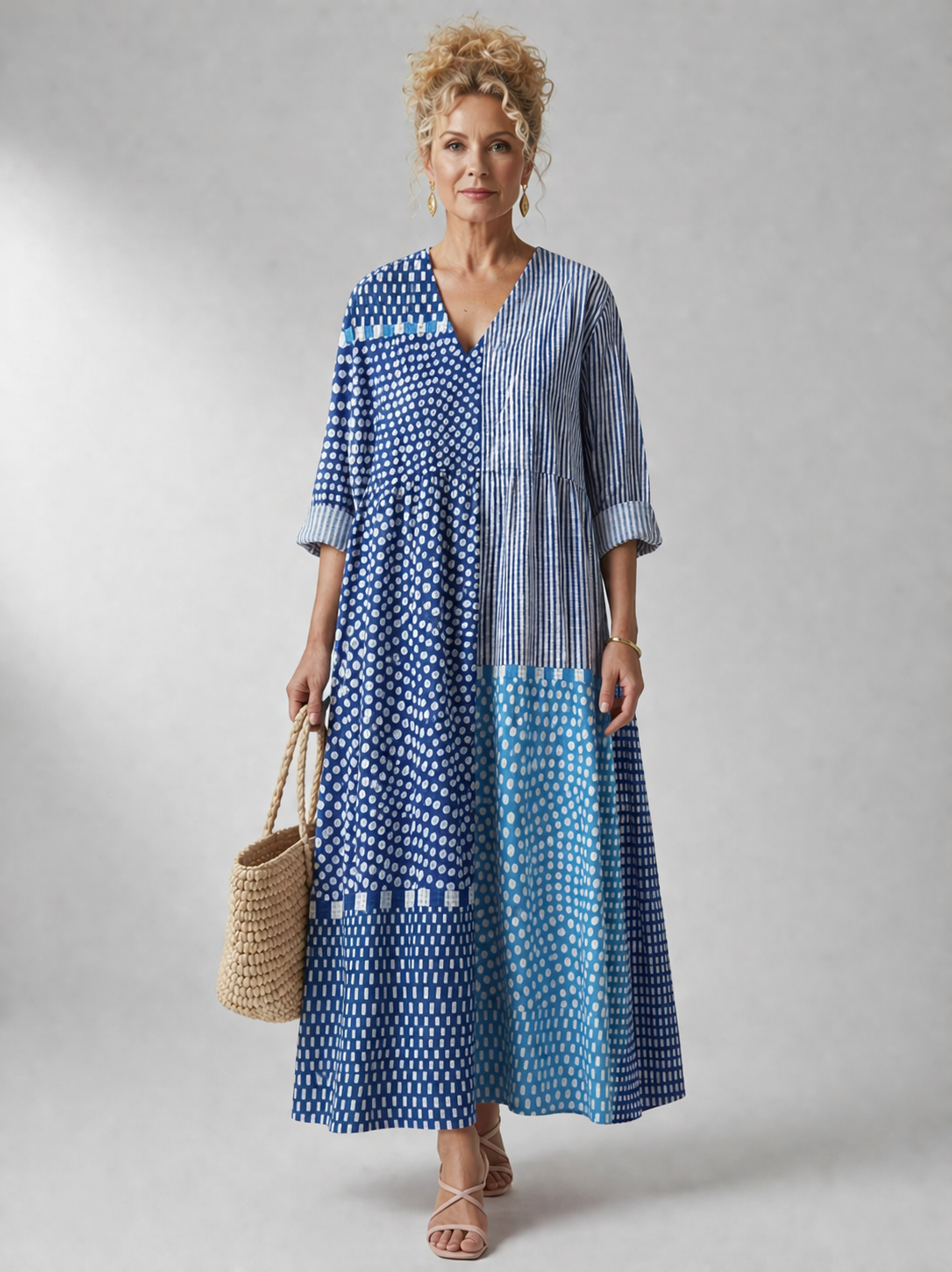 V-Neck Mixed Print Patchwork Long Sleeve Pocket A-Line Maxi Dress 2