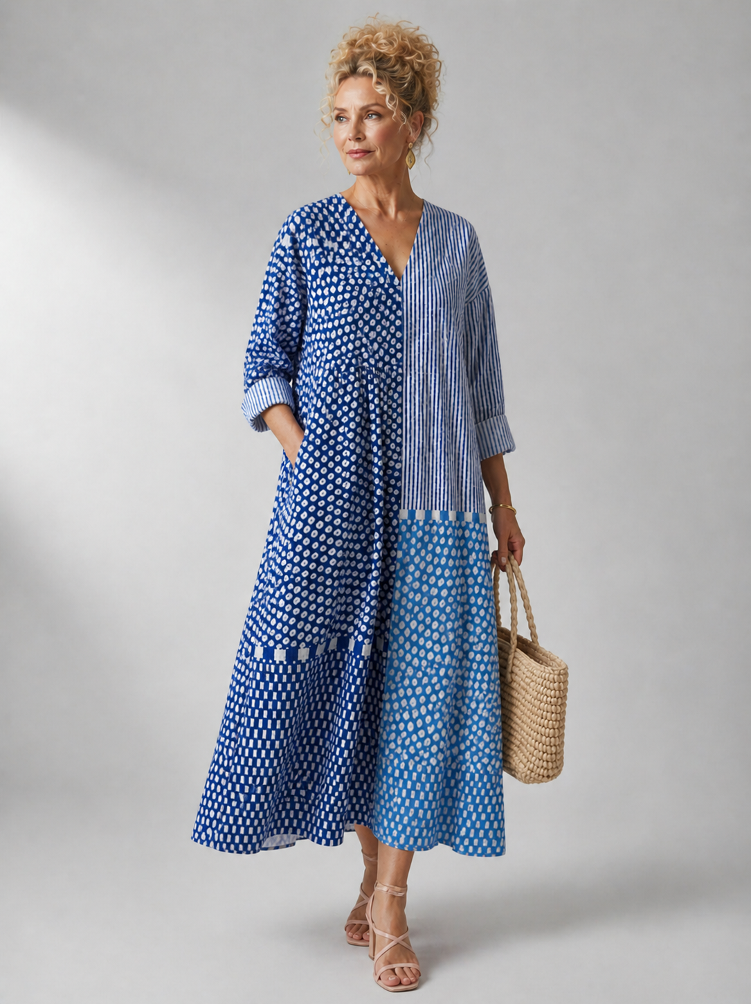 V-Neck Mixed Print Patchwork Long Sleeve Pocket A-Line Maxi Dress