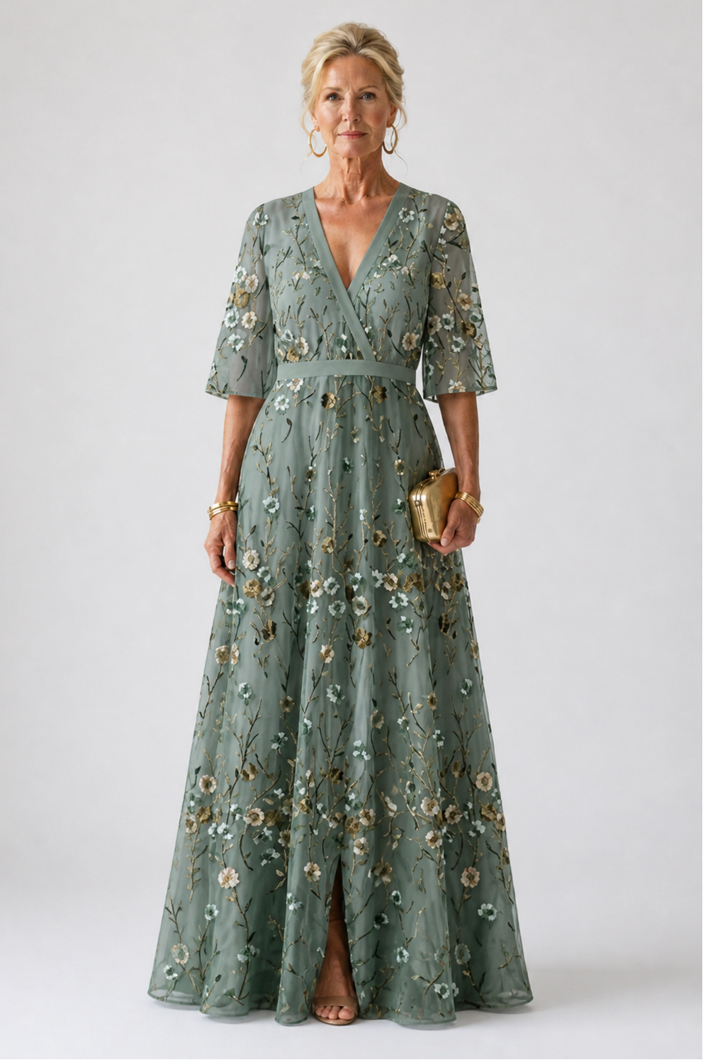 Green V-Neck Floral Embroidered Bell Sleeve Empire Waist Maxi Gown