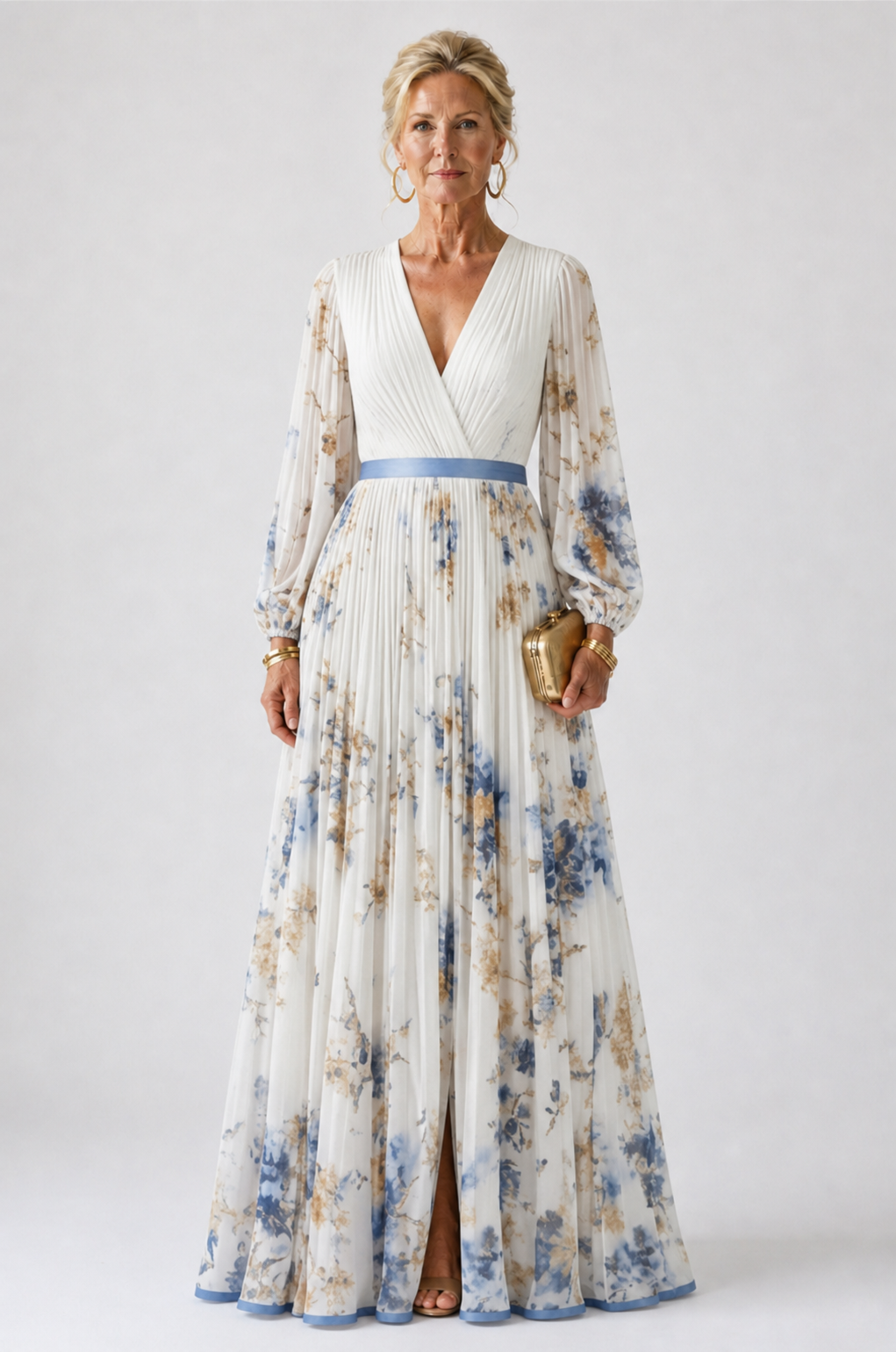 Floral V-Neck Floral Bishop Sleeve Pleated Chiffon Maxi Gown