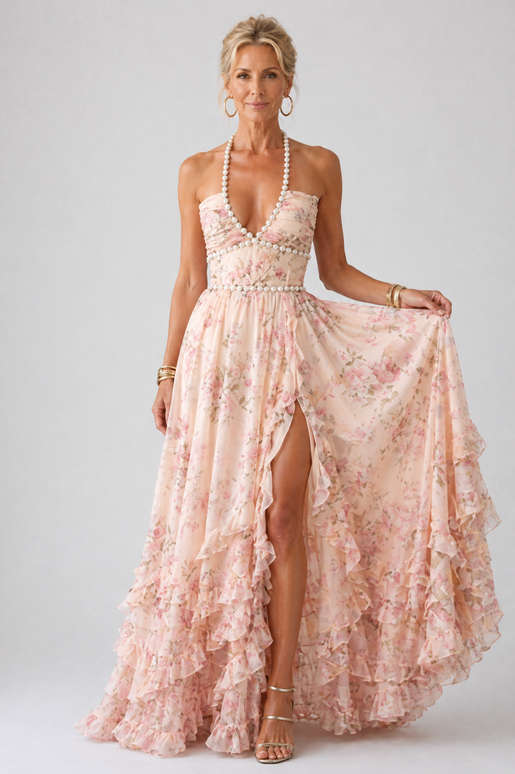 Pearl Halter Floral Print Sweetheart Ruffle Tiered Chiffon Maxi Gown 2