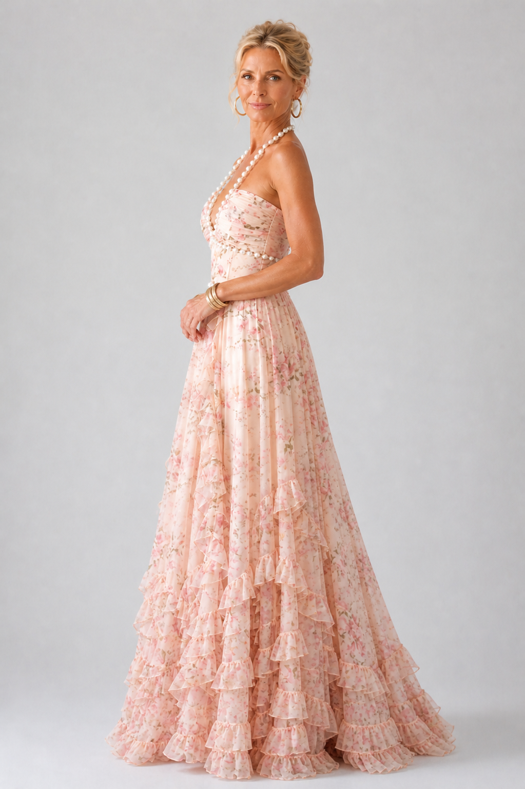 Pearl Halter Floral Print Sweetheart Ruffle Tiered Chiffon Maxi Gown