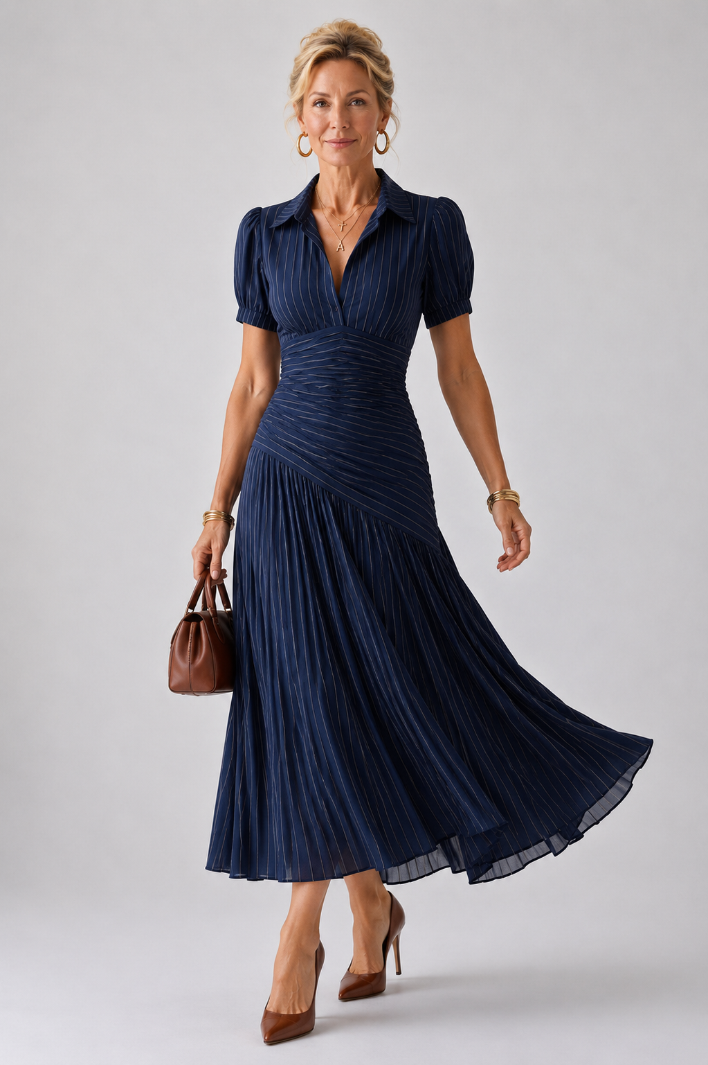 Collared Pinstripe Short Sleeve Ruched Waist Pleated Midi Dress