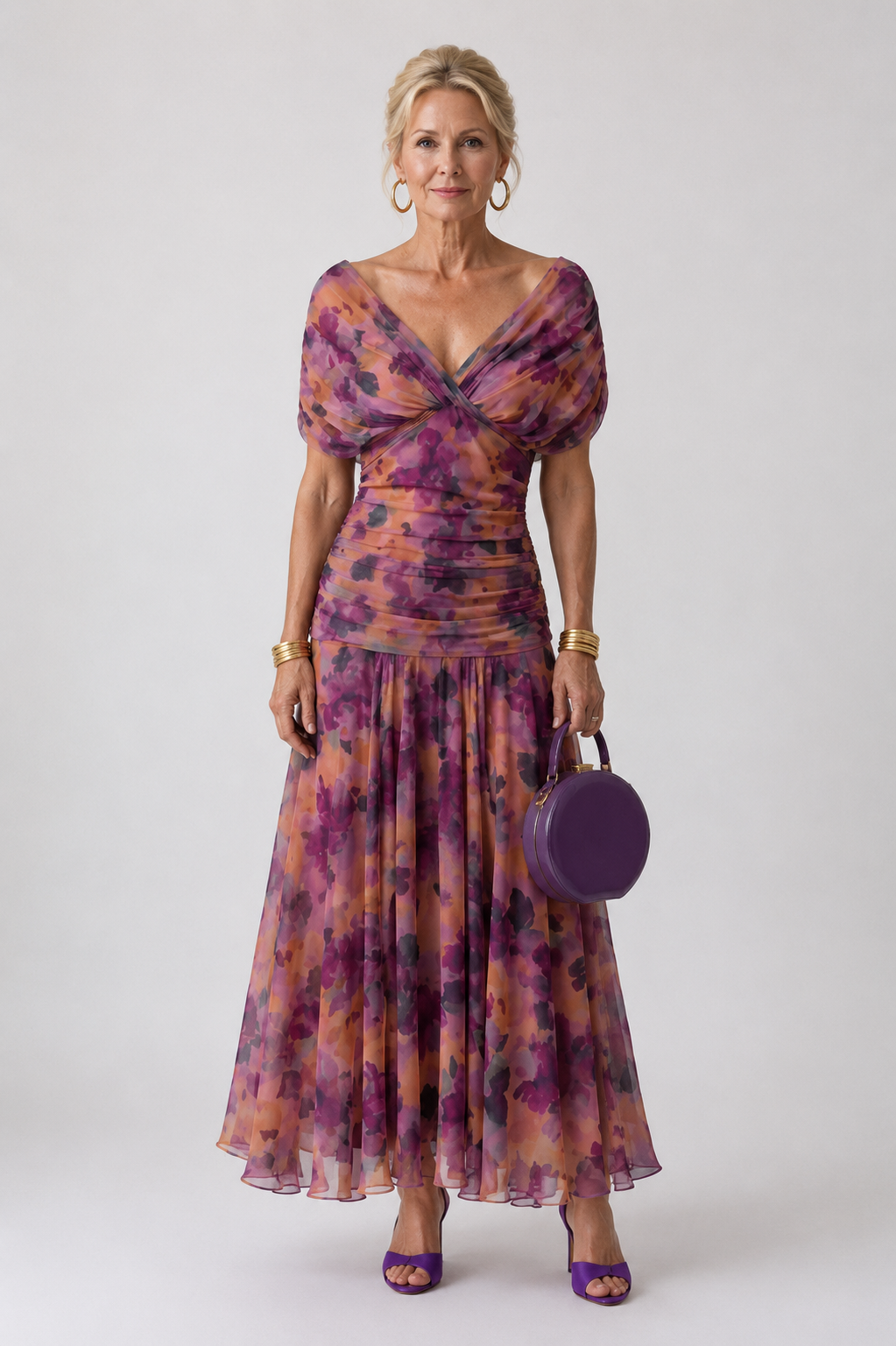 Off-Shoulder Twist Front Floral Ruched Chiffon A-Line Maxi Dress 2