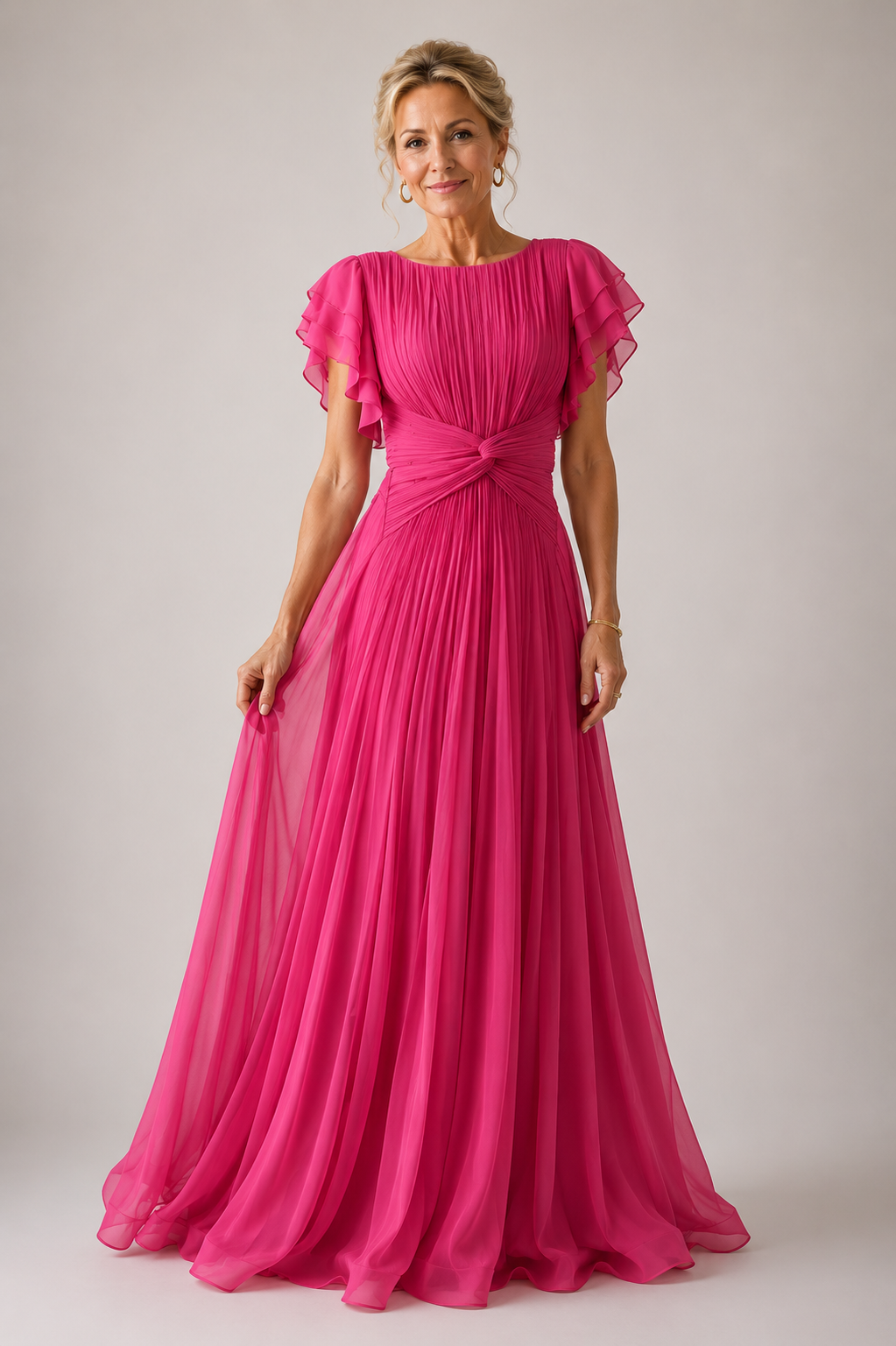 Round Neck Pleated Chiffon Flutter Sleeve Twist Front Maxi Gown