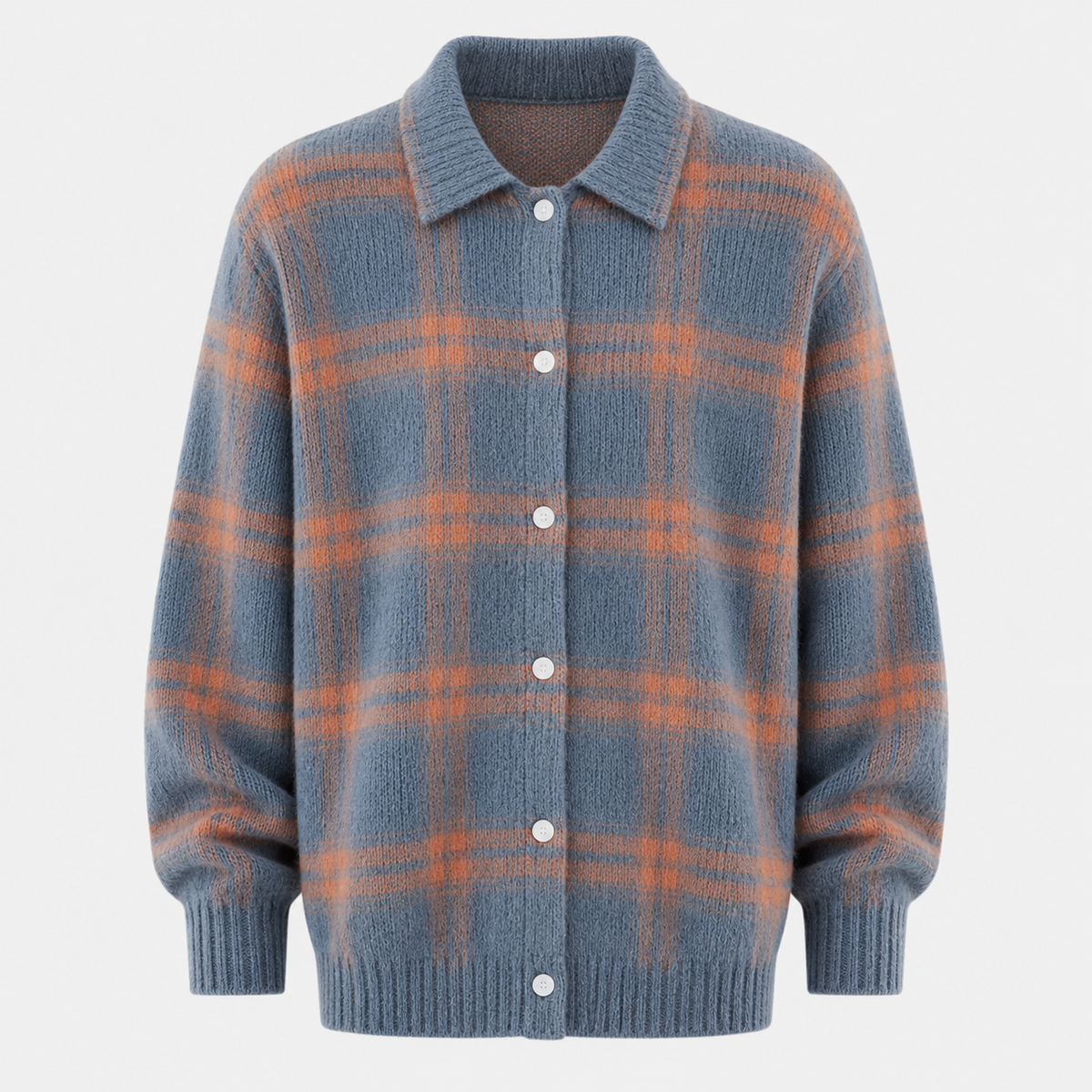 Collared Plaid Knit Button Front Long Sleeve Cardigan 2