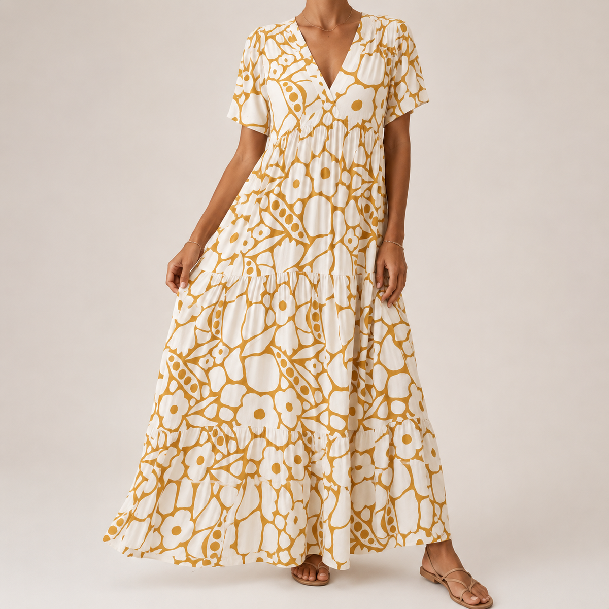 V-Neck Flutter Sleeve Retro Floral Tiered Flowing A-Line Maxi Dress 3