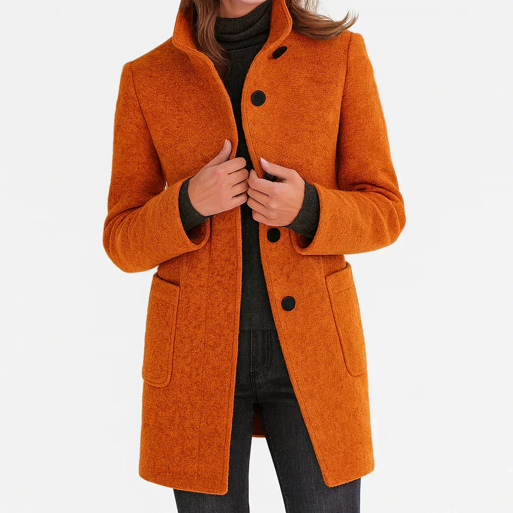 Stand Collar Button Front Patch Pocket Wool Coat 9