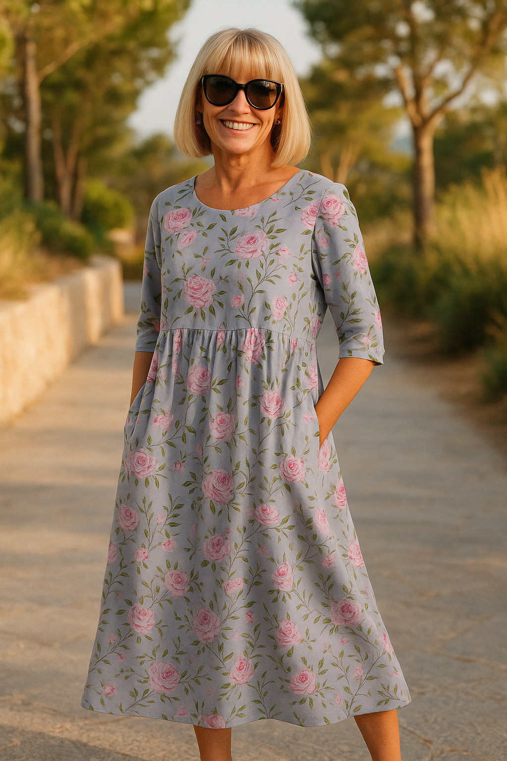 Scoop Neck Floral Print Half Sleeve A-Line Midi Dress 7