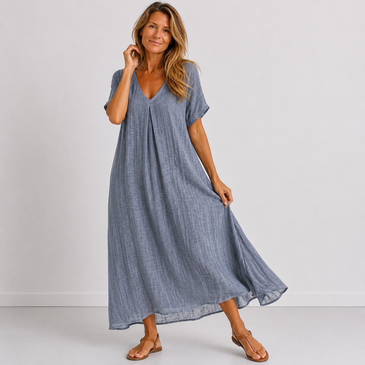 V-Neck Linen Short Sleeve Pleat Front Flowy Maxi Dress 10