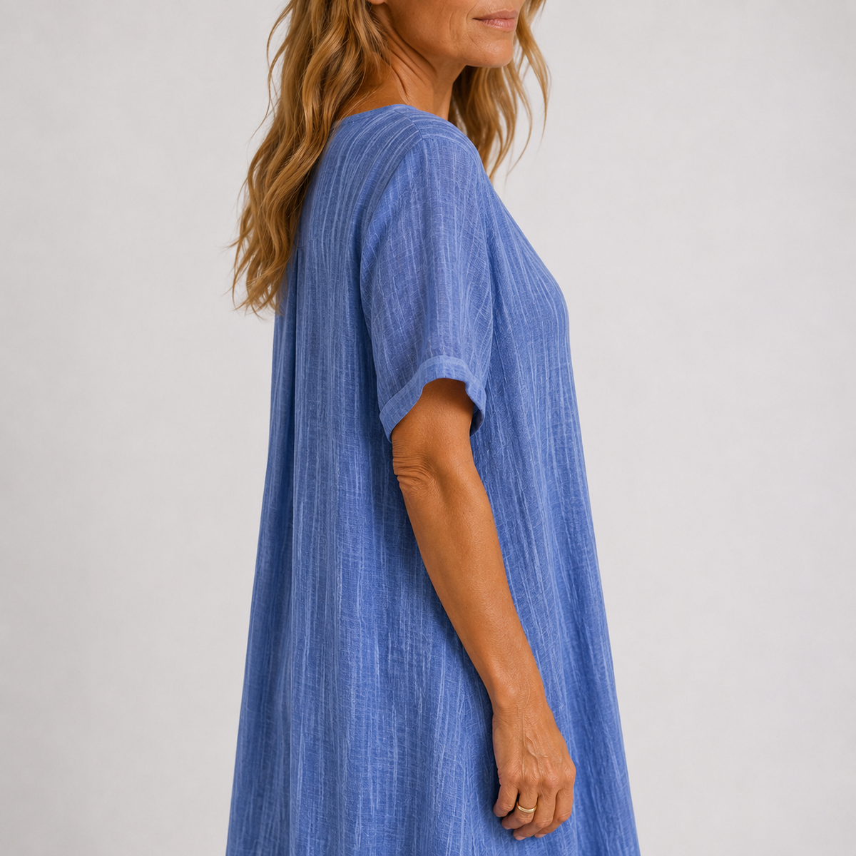 V-Neck Linen Short Sleeve Pleat Front Flowy Maxi Dress 8