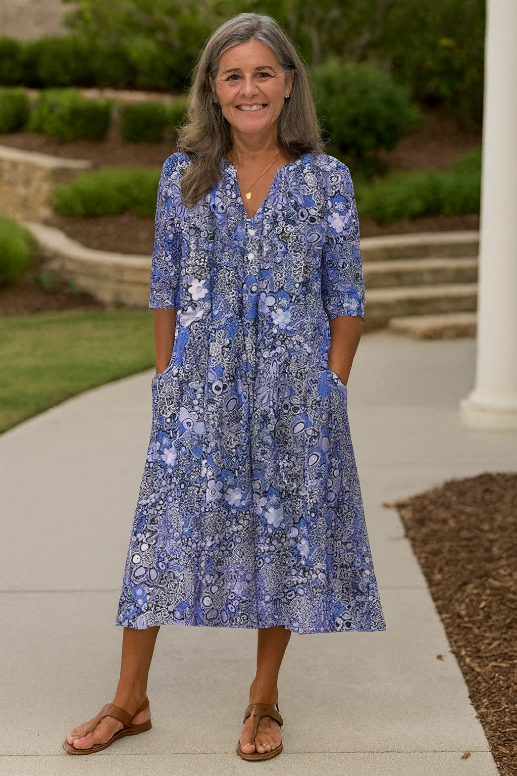 Split V-Neck Abstract Floral Print Half Sleeve Pocket A-Line Midi Dress