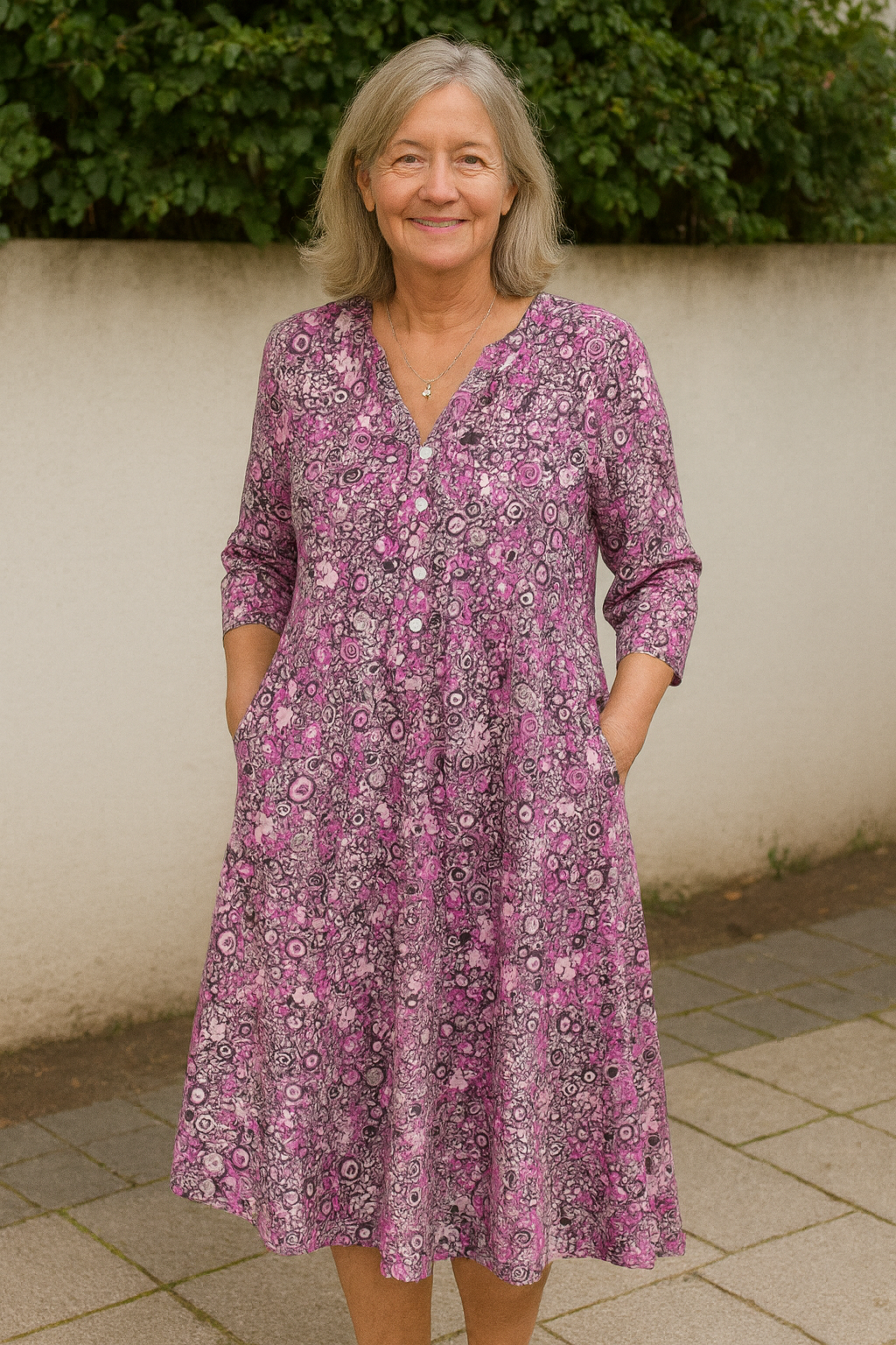 Split V-Neck Abstract Floral Print Half Sleeve Pocket A-Line Midi Dress 2